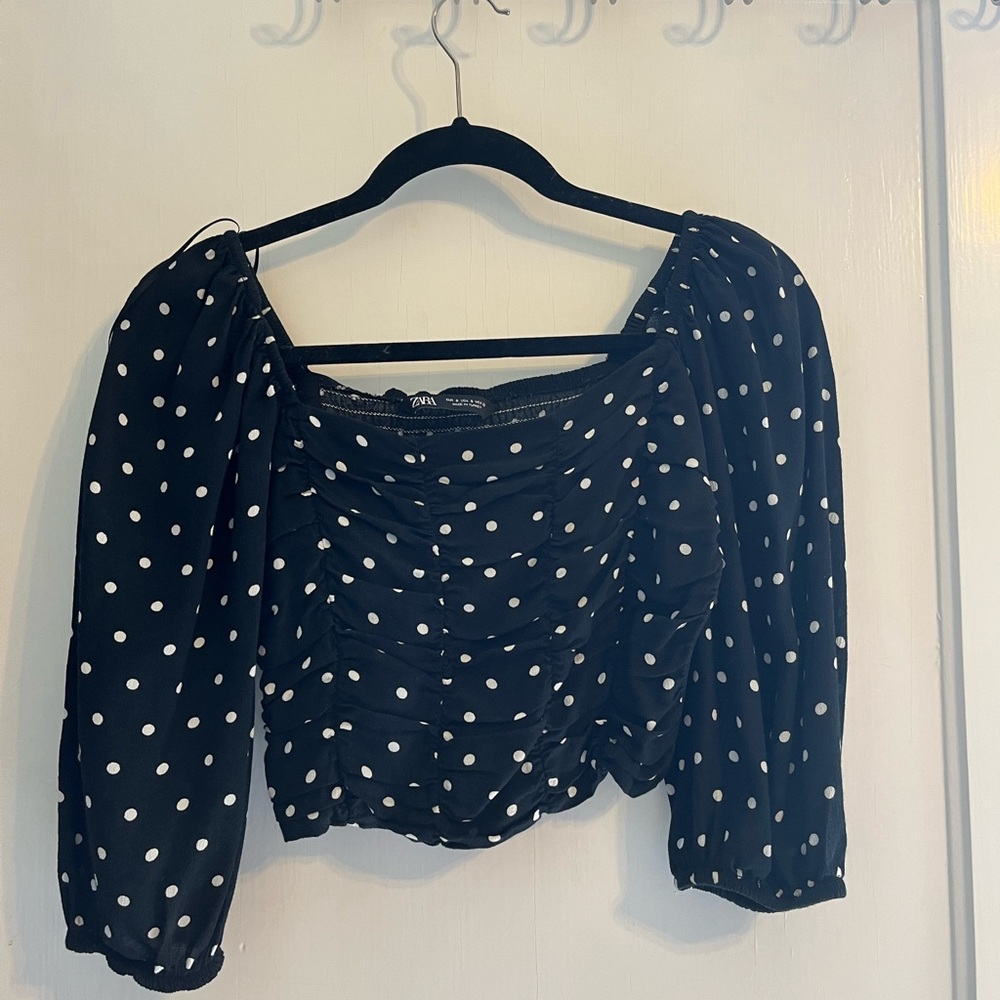 ZARA. black polkadot puff sleeve shirt. Smocking in the back. Size small
